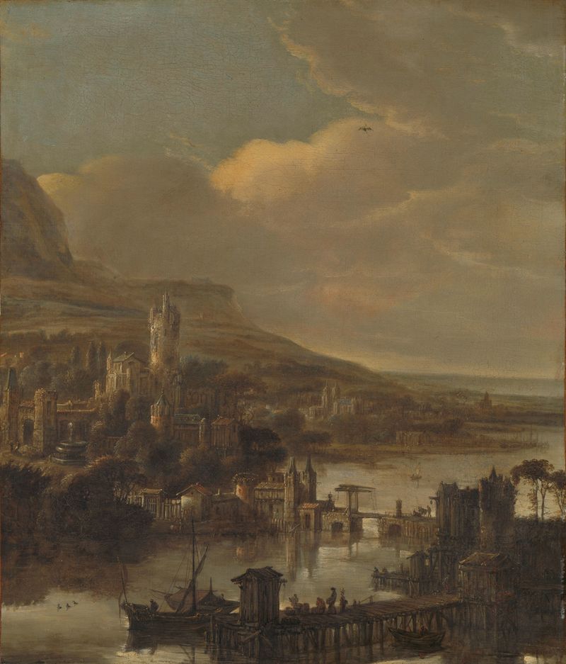 Paisagem com um rio, criado por Jacob Willemsz. de Wet, meio desconhecido