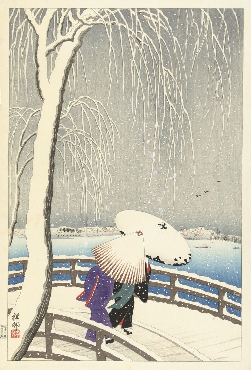 Woodblock print by Ohara Koson depicting figures in a snowy landscape