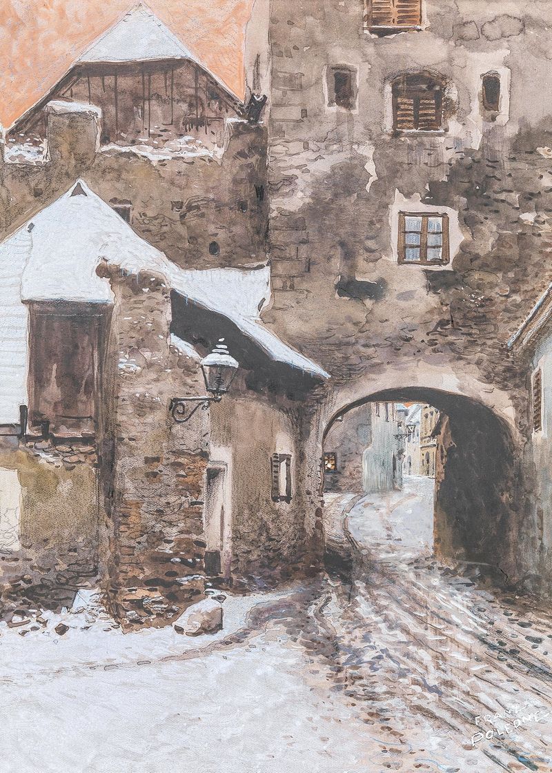 Kremser Tor in Dürnstein im Winter by Franz Poledne, oil painting depicting a snowy archway and village.