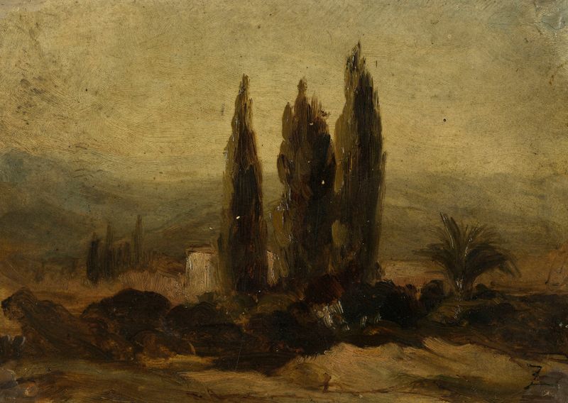 Les trois cyprès de Félix Ziem, óleo sobre lienzo, cipreses en silueta contra un atardecer vívido.