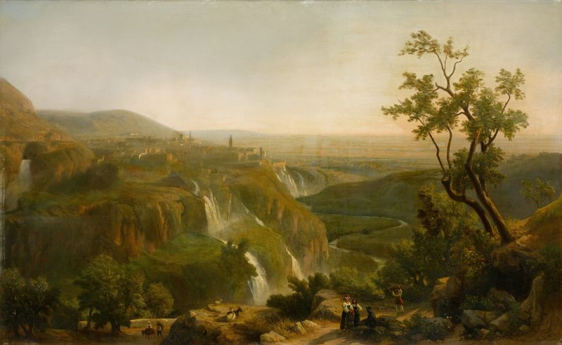 Paisagem com cachoeira ao amanhecer por Franz Knébel The Younger, meio desconhecido.