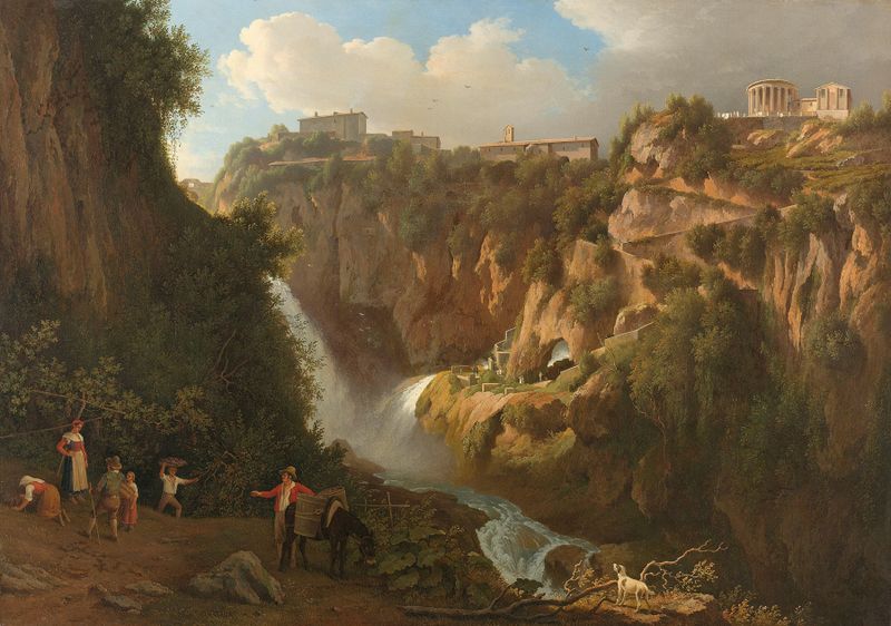 The Waterfall at Tivoli by Abraham Teerlink, oil painting depicting a waterfall and lush greenery