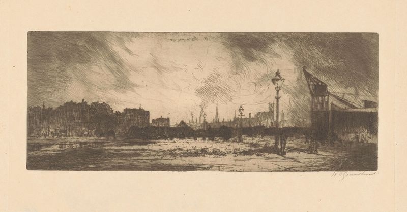 Landscape of Havenkade met lantaarnpalen in Rotterdam by Willem Adrianus Grondhout, oil painting