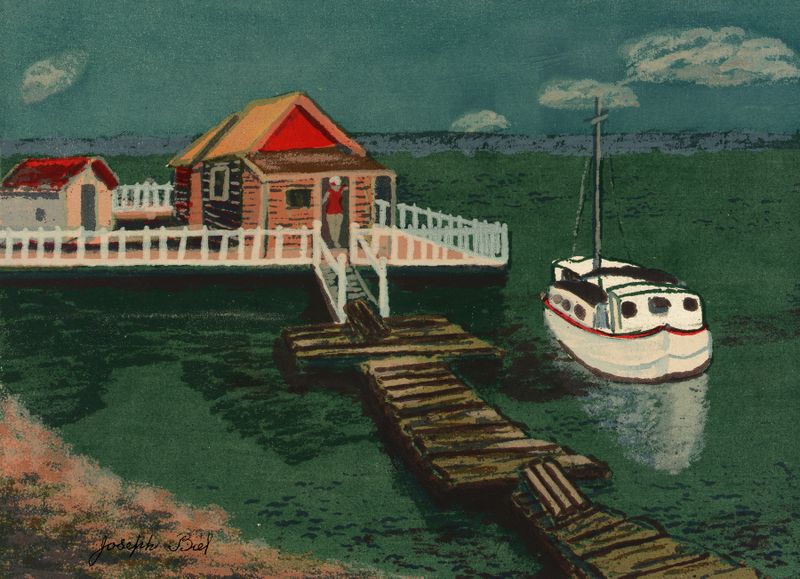 Boathouse de Joseph Biel, óleo sobre tela, retratando uma estrutura rústica à beira da água cercada por árvores.