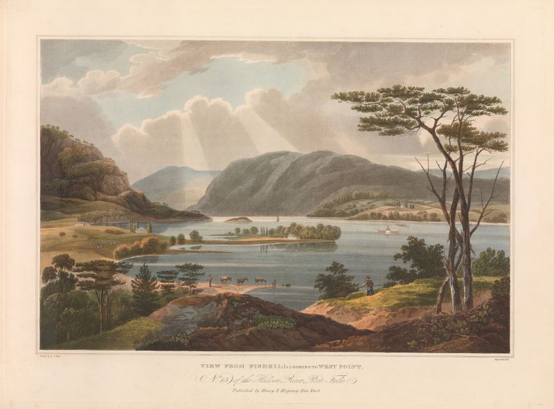 Engraving by John Hill depicting a tranquil river and rolling hills