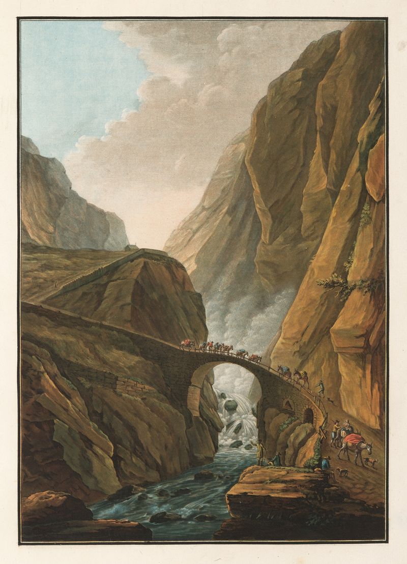 Teufelsbrücke by Caspar Wolf, landscape with cliffs and a bridge, oil painting
