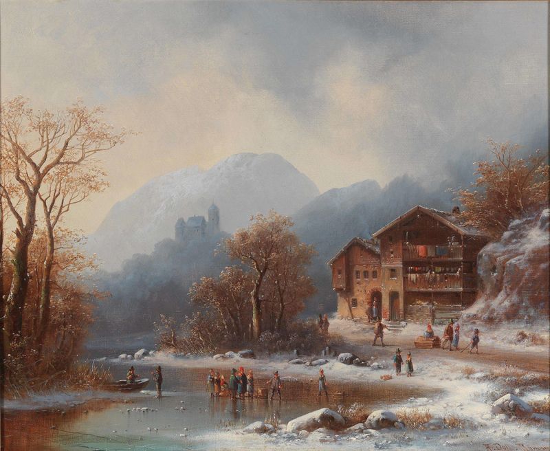Winter Pleasures de Anton Doll, escena de género que muestra a un niño con abrigo rojo en la nieve.