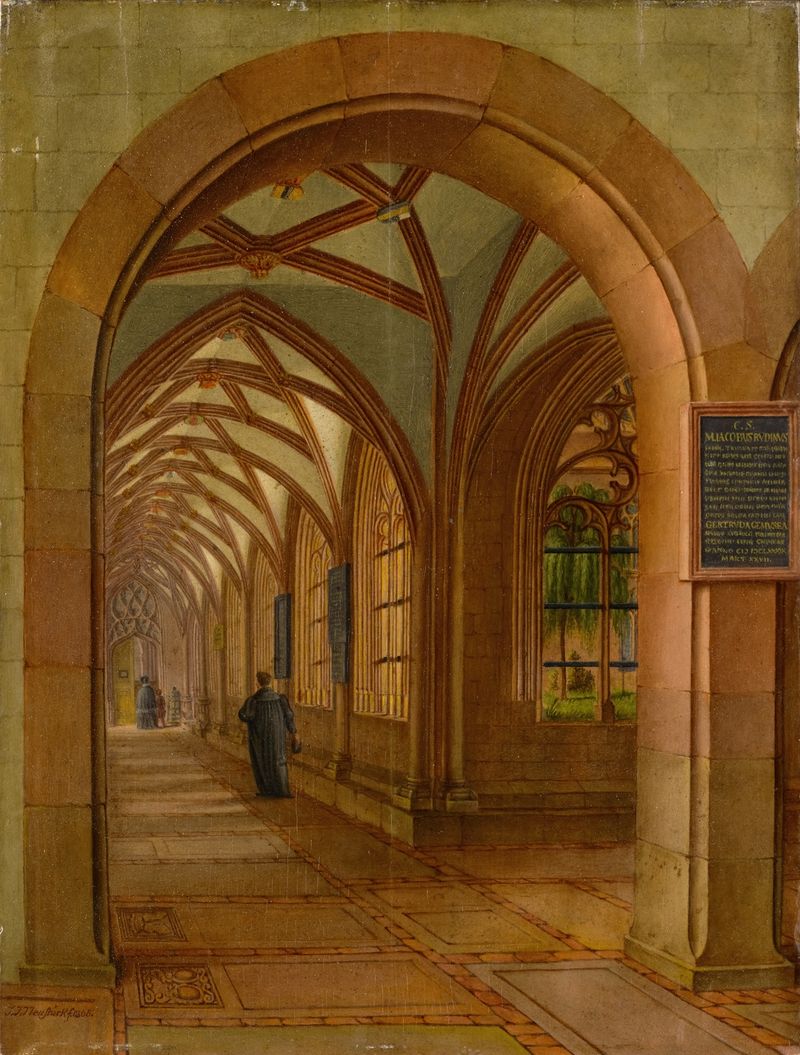 Claustro de la Catedral de Basilea, pintura al óleo de Johann Jakob Neustück