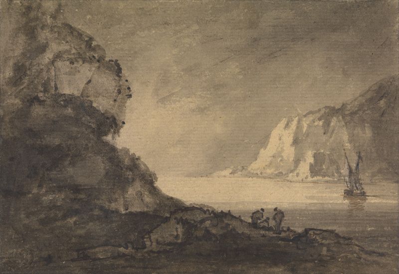 Escena de envío con tres figuras en la orilla, pintura al óleo de William Gilpin