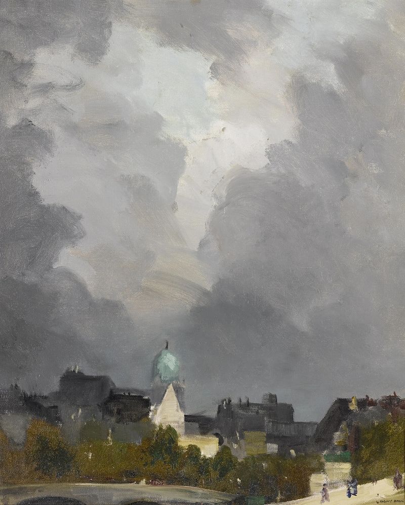 Genre scene with cobblestones and a glowing window, oil painting by Robert Henri