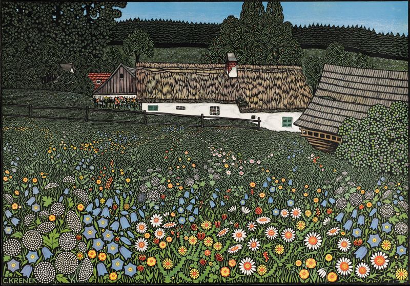 Paisagem com uma casa de campo cercada por vegetação, pintura a óleo de Carl Krenek