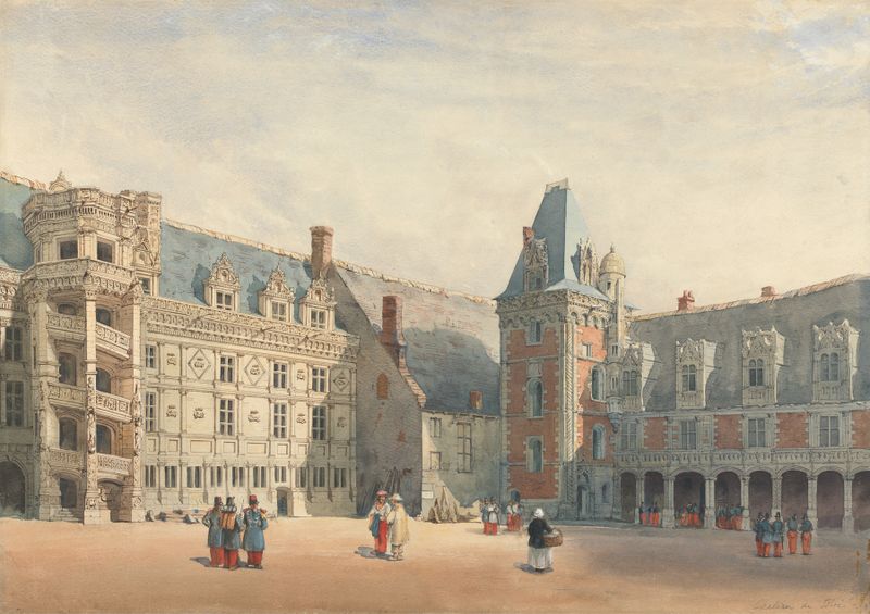 Le Chateau de Blois de Thomas Shotter Boys, óleo que muestra un chateau con paredes de piedra bajo un cielo azul.