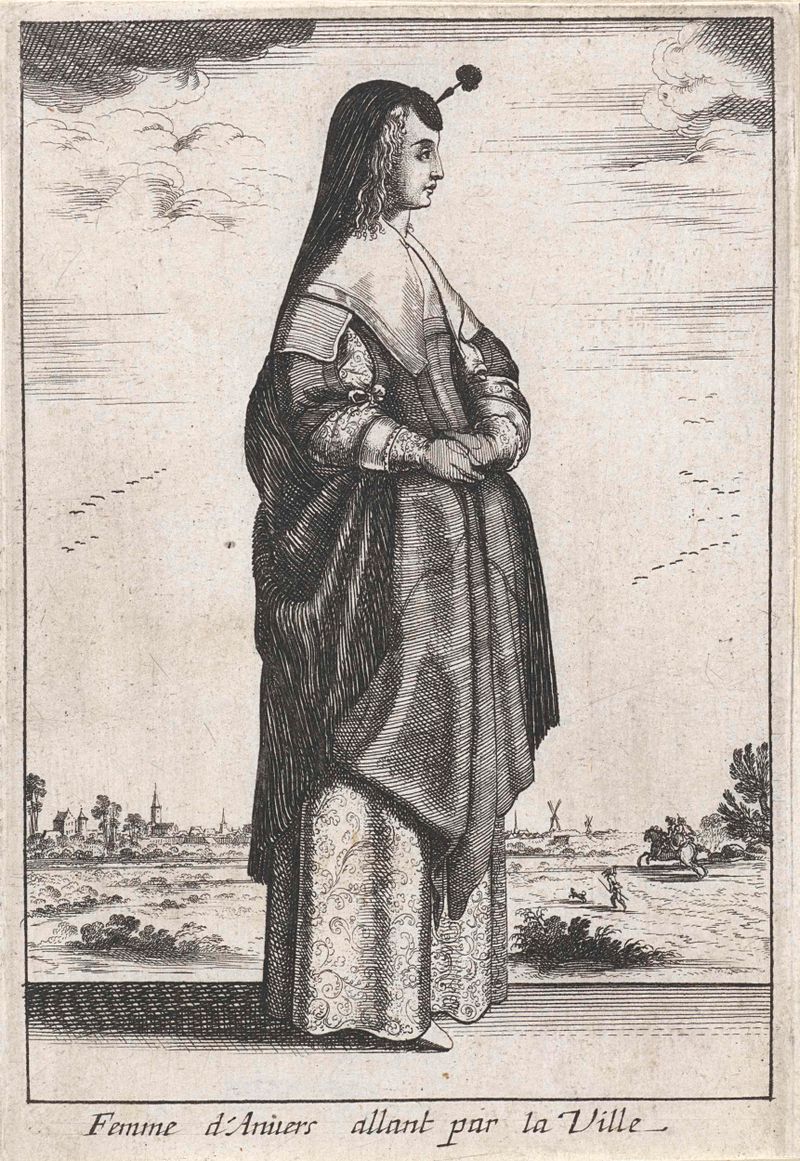 Femme d'Anvers allant par la Ville, gravura de Unknown Artist, apresentando uma mulher em uma roupa fluida.