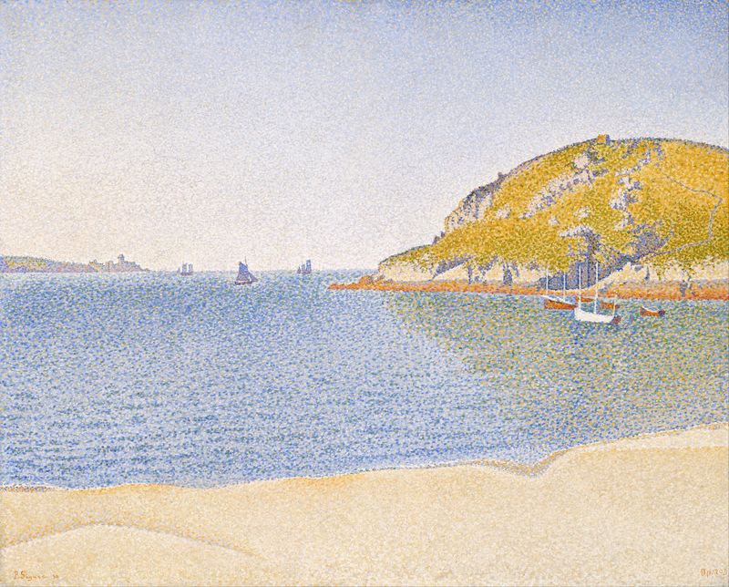 Port of Saint-Cast de Paul Signac, pintura al óleo que muestra barcos y reflejos en el agua.