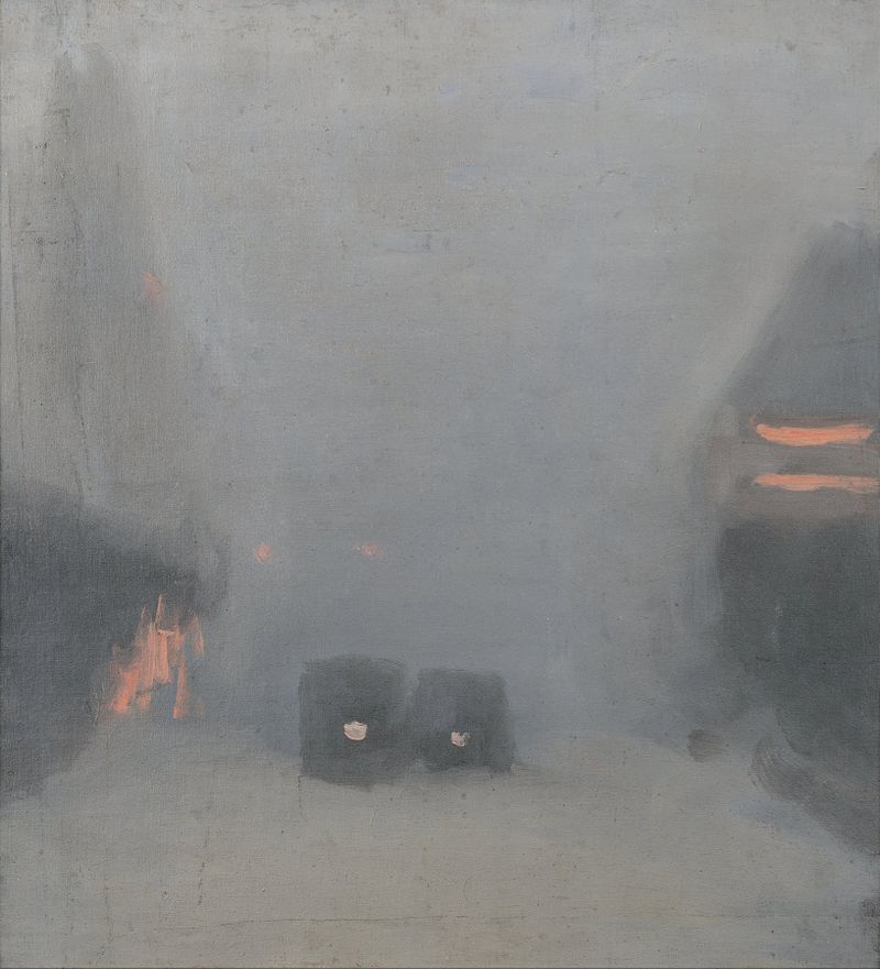 óleo sobre tela de Clarice Beckett representando bondes em uma paisagem nevoenta
