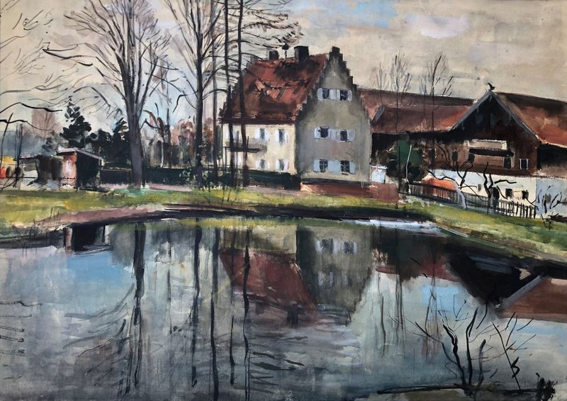Pintura a óleo de paisagem por Otto Geigenberger mostrando um rio e vegetação ao amanhecer