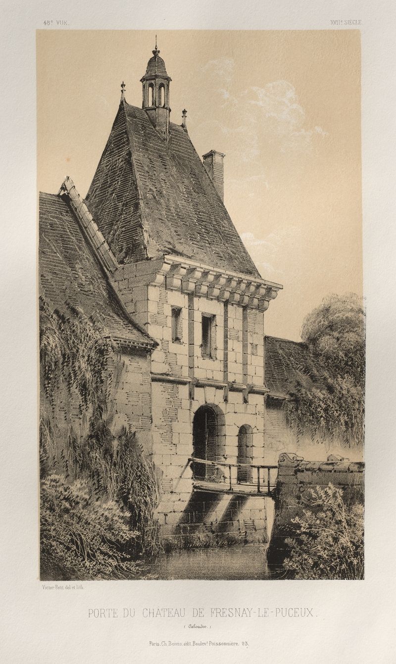 Porte Du Château de Fresnay-Le-Puceux de Victor Petit, óleo que representa un arco y paisaje.