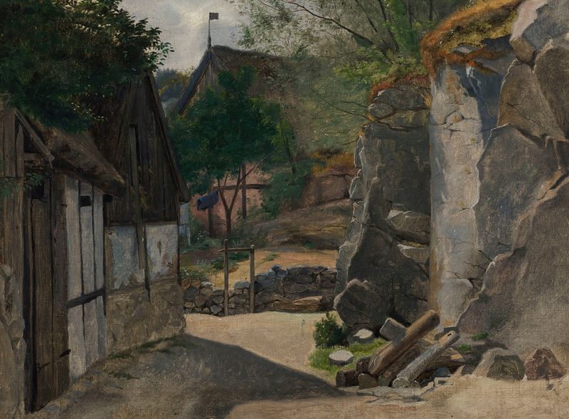 Landscape with cliffs and shimmering water, oil painting by Otto Haslund