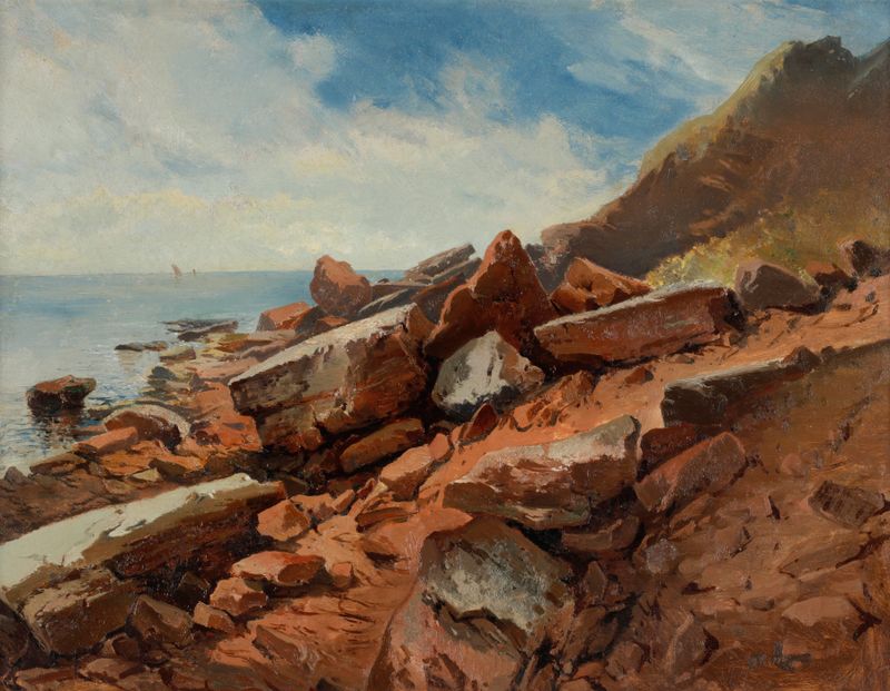 Marine scene depicting a rocky coastline at sunset by August Schaeffer von Wienwald