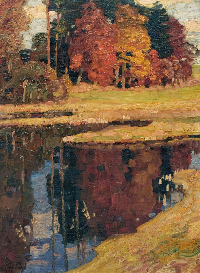 Herbstlandschaft by Leo Putz, impressionism, depicting autumn leaves and rolling hills