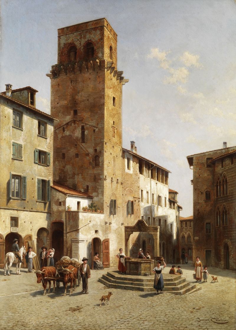 Landscape of Platz in San Gimignano, oil on canvas by Jacques François Carabain