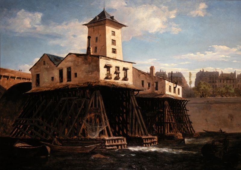 La pompe Notre-Dame de Léon-Auguste Mellé, pintura al óleo que muestra una multitud junto a una fuente en una ciudad.
