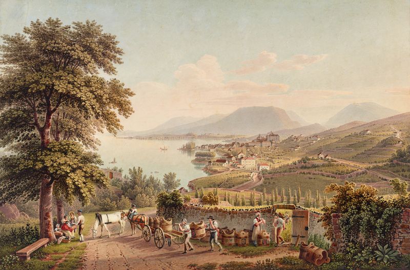 Vue de la Ville de Neuchatel, en Suisse de Gabriel Lory the Younger, pintura a óleo que retrata um lago sereno e uma cidade.