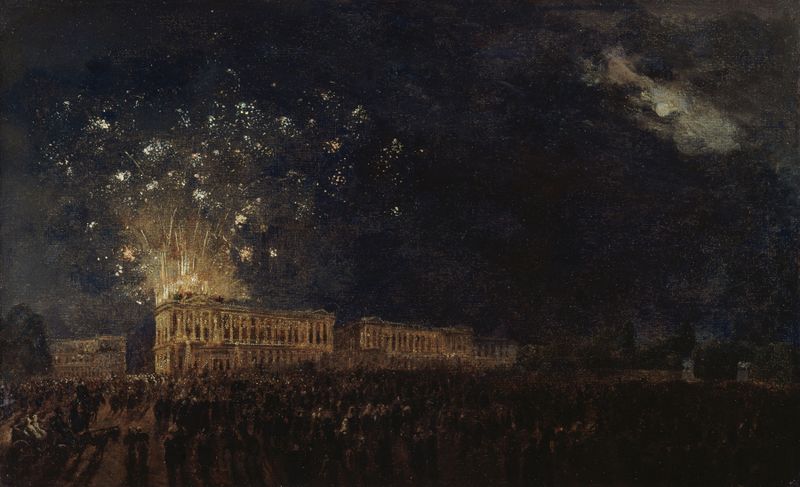 Fireworks display in the night sky, oil on canvas by Pierre-Antoine Demachy
