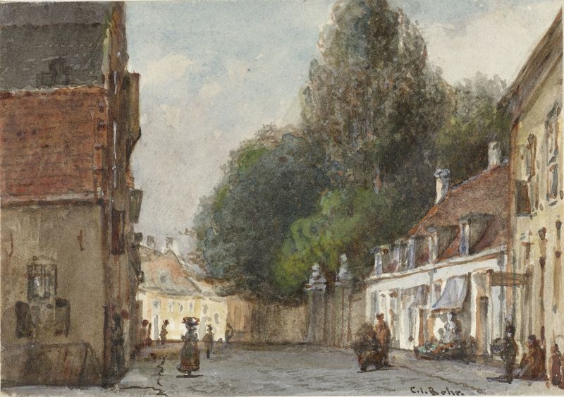 Paisaje urbano con arquitectura en luz dorada de Carel Jacobus Behr, pintura al óleo