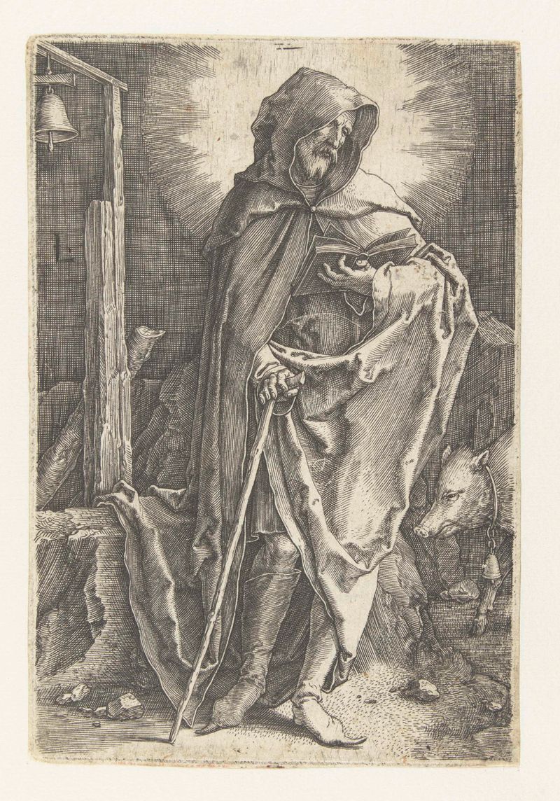 Grabado de Lucas van Leyden que representa a San Antonio en túnicas detalladas y sombras.