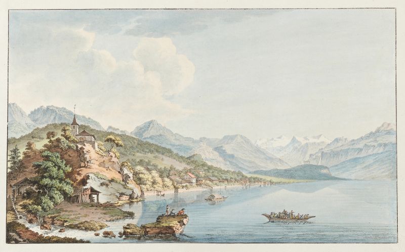 Vue du Village et du Lac de Brientz de Johann Ludwig Aberli, pintura al óleo que representa un paisaje sereno.
