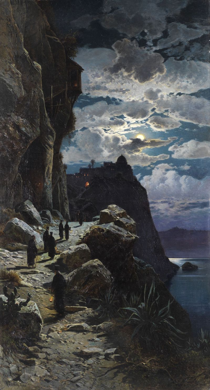 Gang der Mönche zum Bergkloster Athos de Hermann David Salomon Corrodi, pintura a óleo que retrata monges em uma procissão...