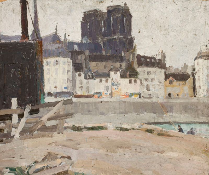 Landscape with Notre-Dame Cathedral by Tadeusz Makowski, oil painting showing a serene cityscape.
