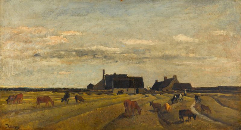 Farm at Kerity, Brittany de Charles François Daubigny, pintura a óleo de uma paisagem serena com luz solar.