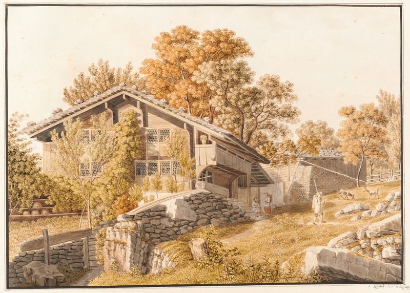 Urner Bauernhaus de David Alois Schmid, óleo sobre tela representando uma cabana em uma paisagem montanhosa.