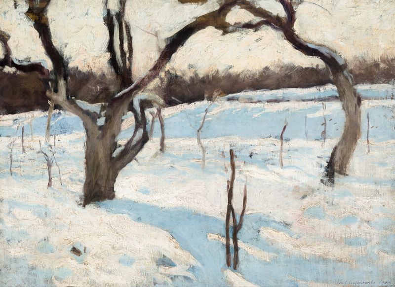 Orchard in Winter de Józef Czajkowski, pintura al óleo que muestra ramas cubiertas de escarcha en un paisaje invernal.