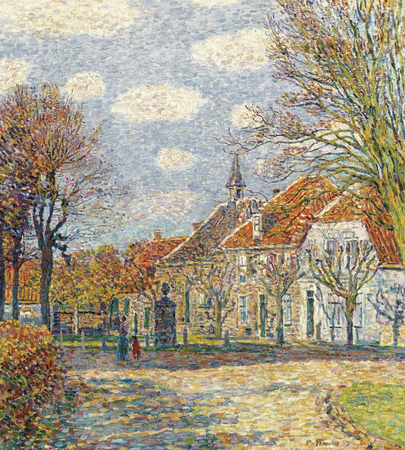 Rathaus In St. Anna de Paul Baum, óleo sobre tela que retrata um edifício municipal em uma praça urbana.