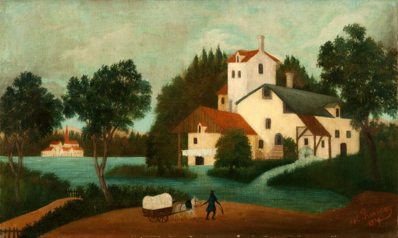 Landscape with Watermill by Henri Rousseau, oil on canvas depicting a watermill surrounded by lush foliage.