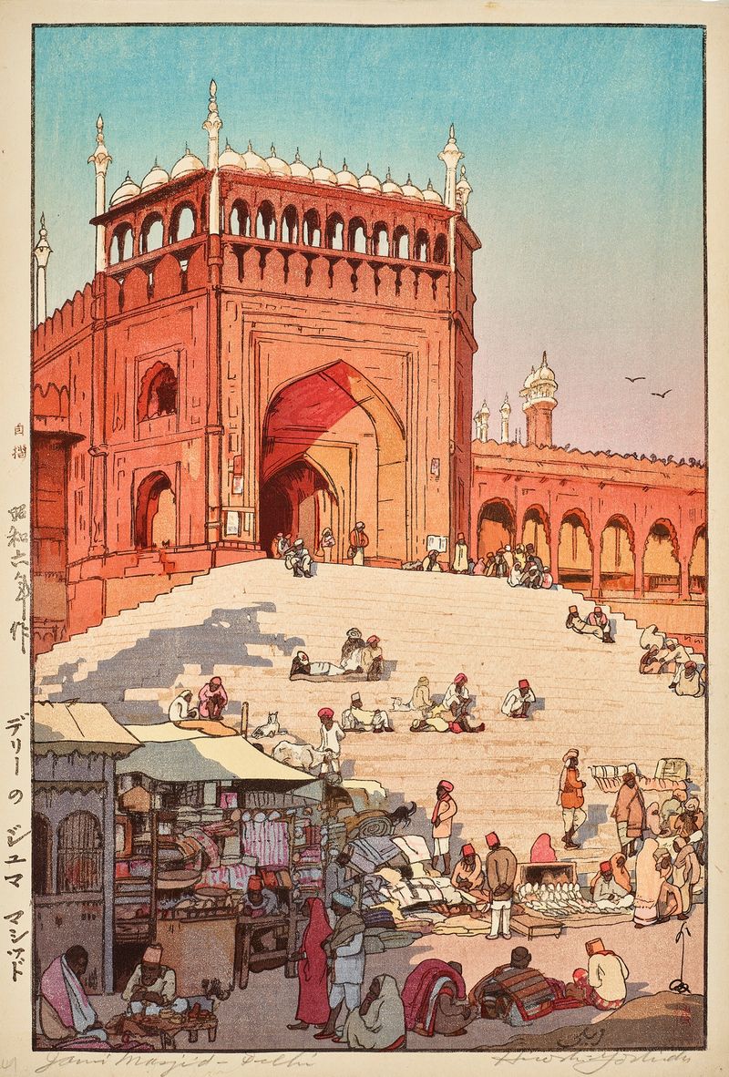 Ukiyo-e de Yoshida Hiroshi que representa Jama Masjid, Delhi con detalles arquitectónicos intrincados