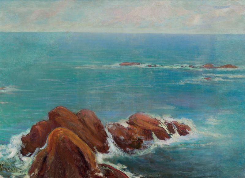 Rocas en Belle-Ille de Władysław Ślewiński, óleo que representa rocas y mar.