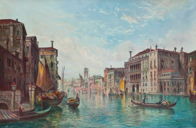The Grand Canal, Venice by Alfred Pollentine, oil on canvas depicting a serene waterway and architecture.