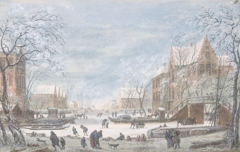 Snow Falling on a Dutch Town by Abraham Rademaker, oil painting of a winter village scene.