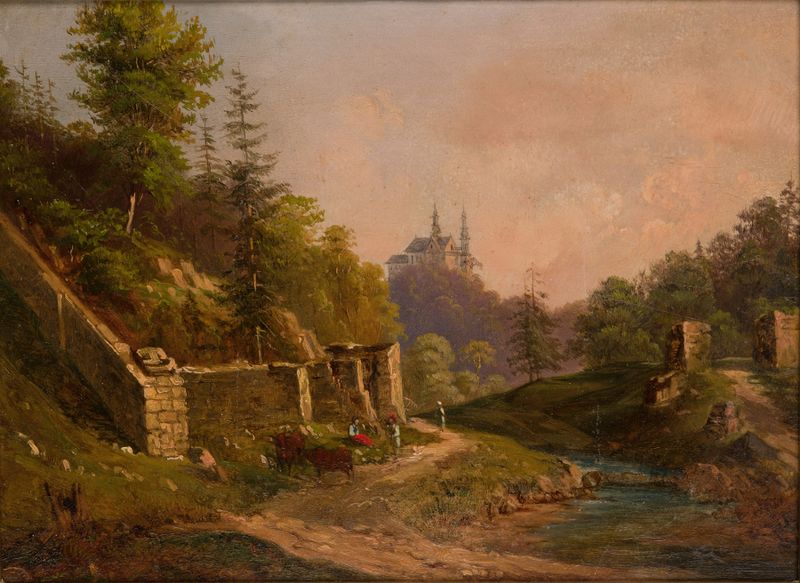 Pintura a óleo de paisagem de Walery Eljasz-Radzikowski mostrando colinas e cursos d'água