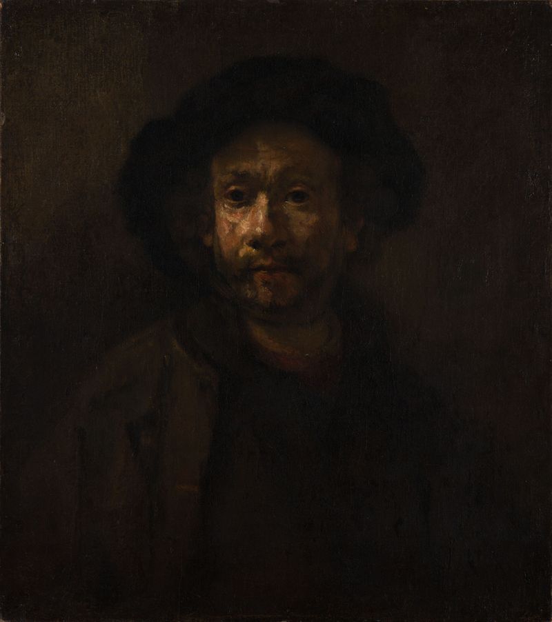 Figurative oil painting by Rembrandt Harmensz van Rijn featuring light and shadow