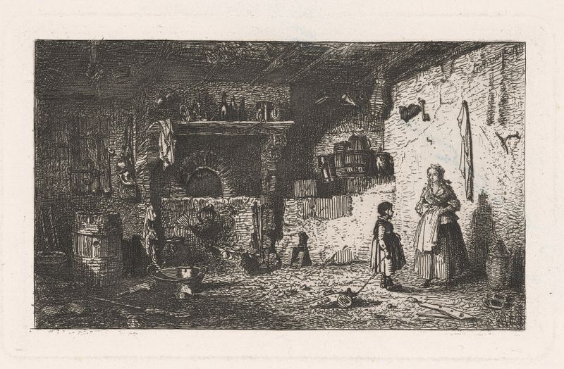 Cena interior com mãe e filha de Charles Emile Jacque, pintura a óleo