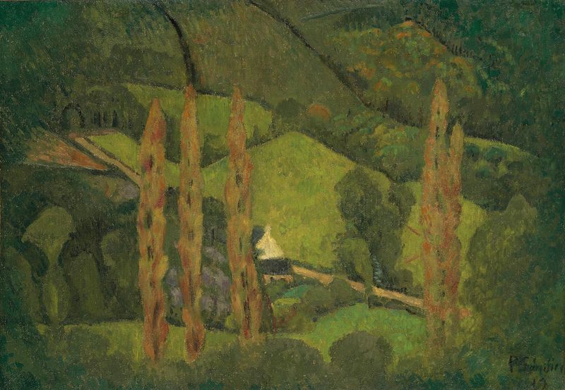 Oil painting by Paul Sérusier depicting a green valley under sunlight.