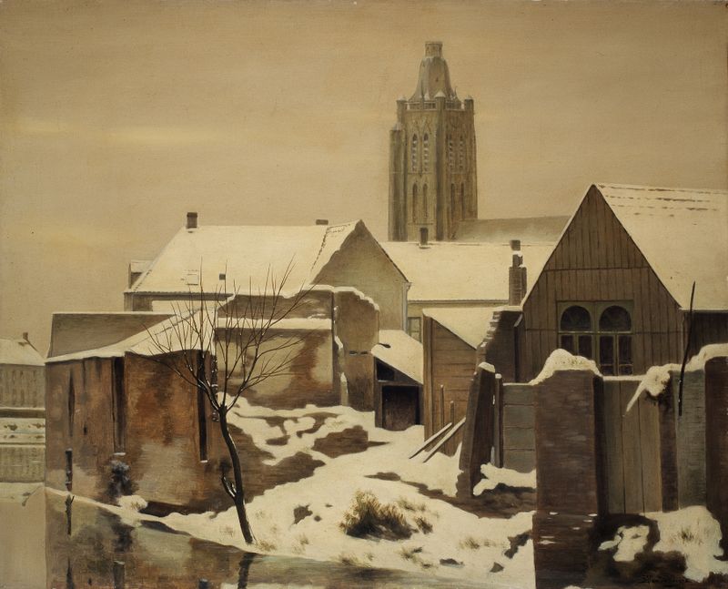 Paisaje de Oudenaarde en la nieve, pintura al óleo de Edmond Van de Vyvere