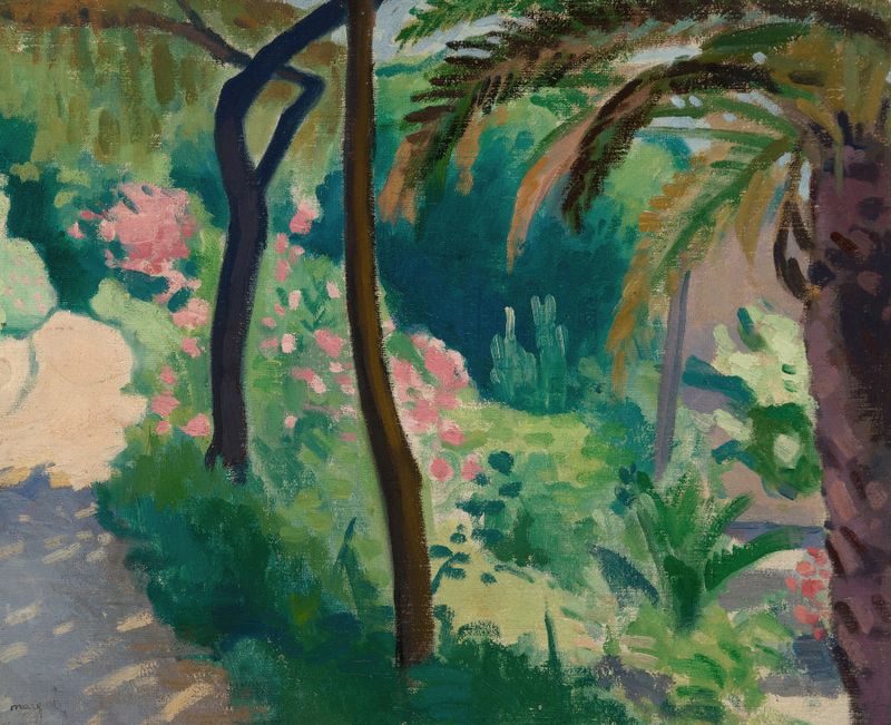 Le jardin à l’Estaque by Albert Marquet, oil on canvas, depicting a vibrant garden with trees and sunlight.