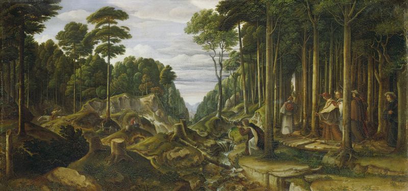 Procession of weary pilgrims in a forest, oil painting by Johann Heinrich Ferdinand Olivier