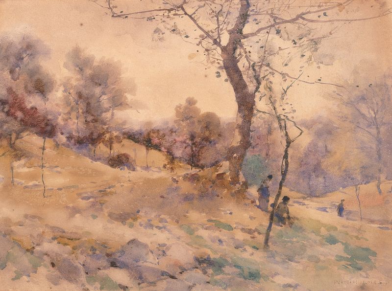 Landscape de William Henry Holmes, impresionismo, que representa un horizonte tranquilo con nubes suaves.